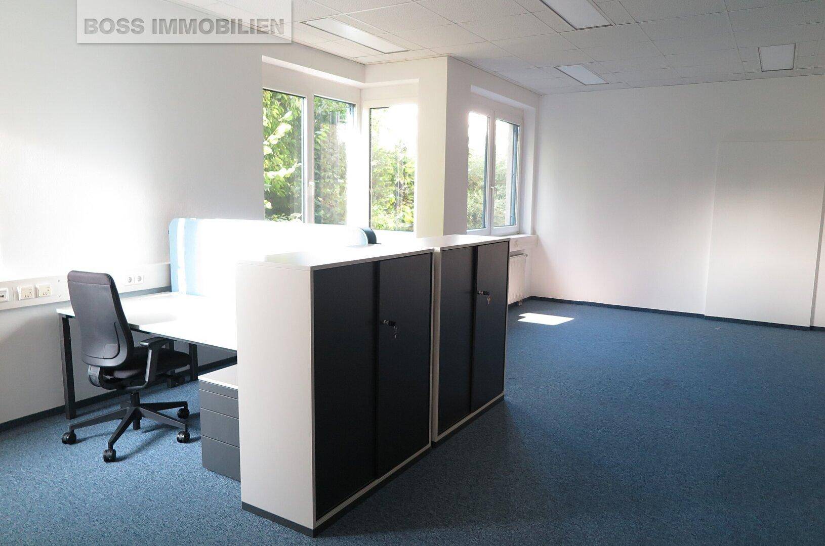 Helles Büro mit blauer Teppichboden, großen Fenstern und moderner Büroeinrichtung.