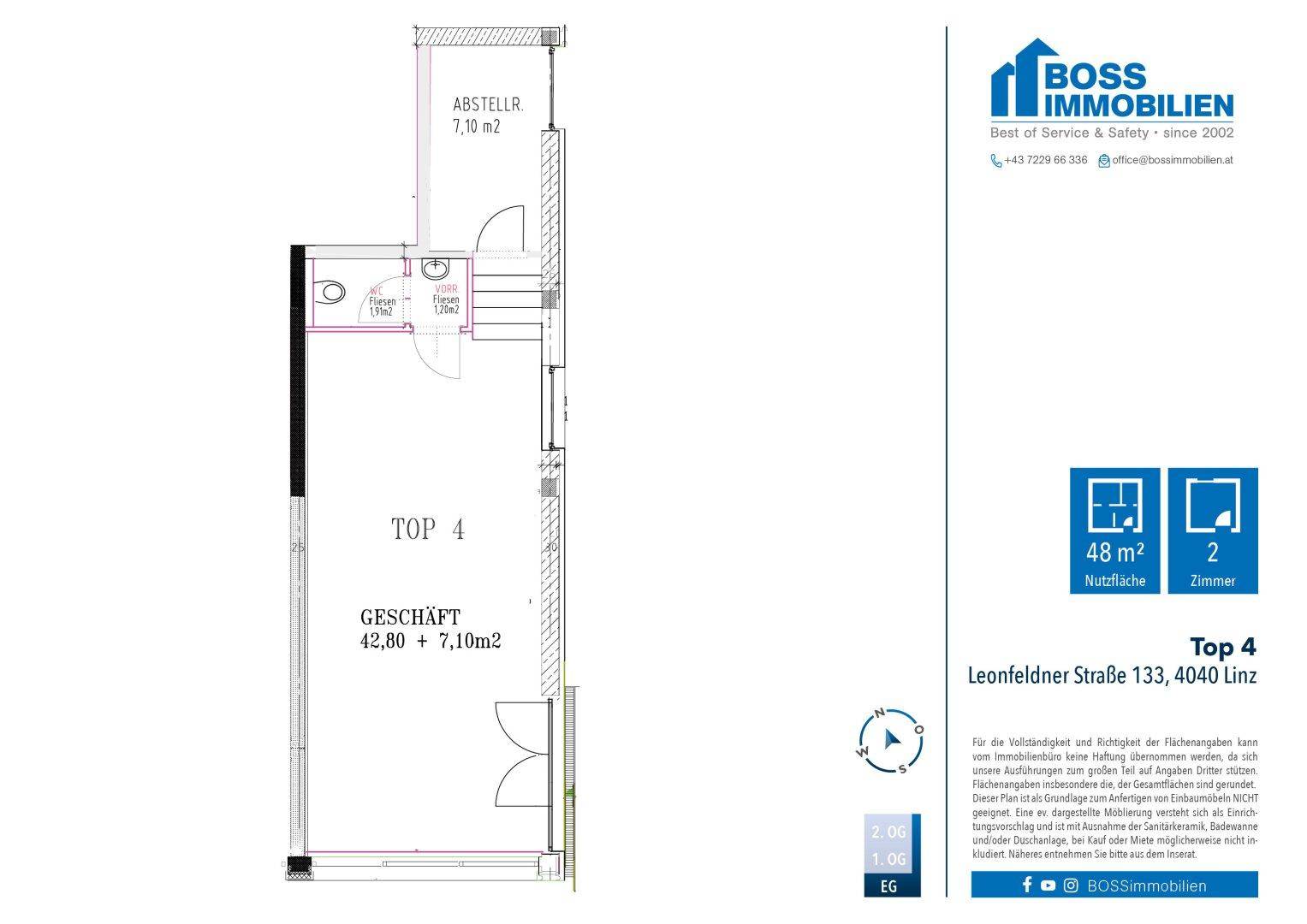 Grundriss für Gewerbeeinheit TOP 4 mit 48 m² Nutzfläche, inklusive Geschäfts- und Abstellraum.