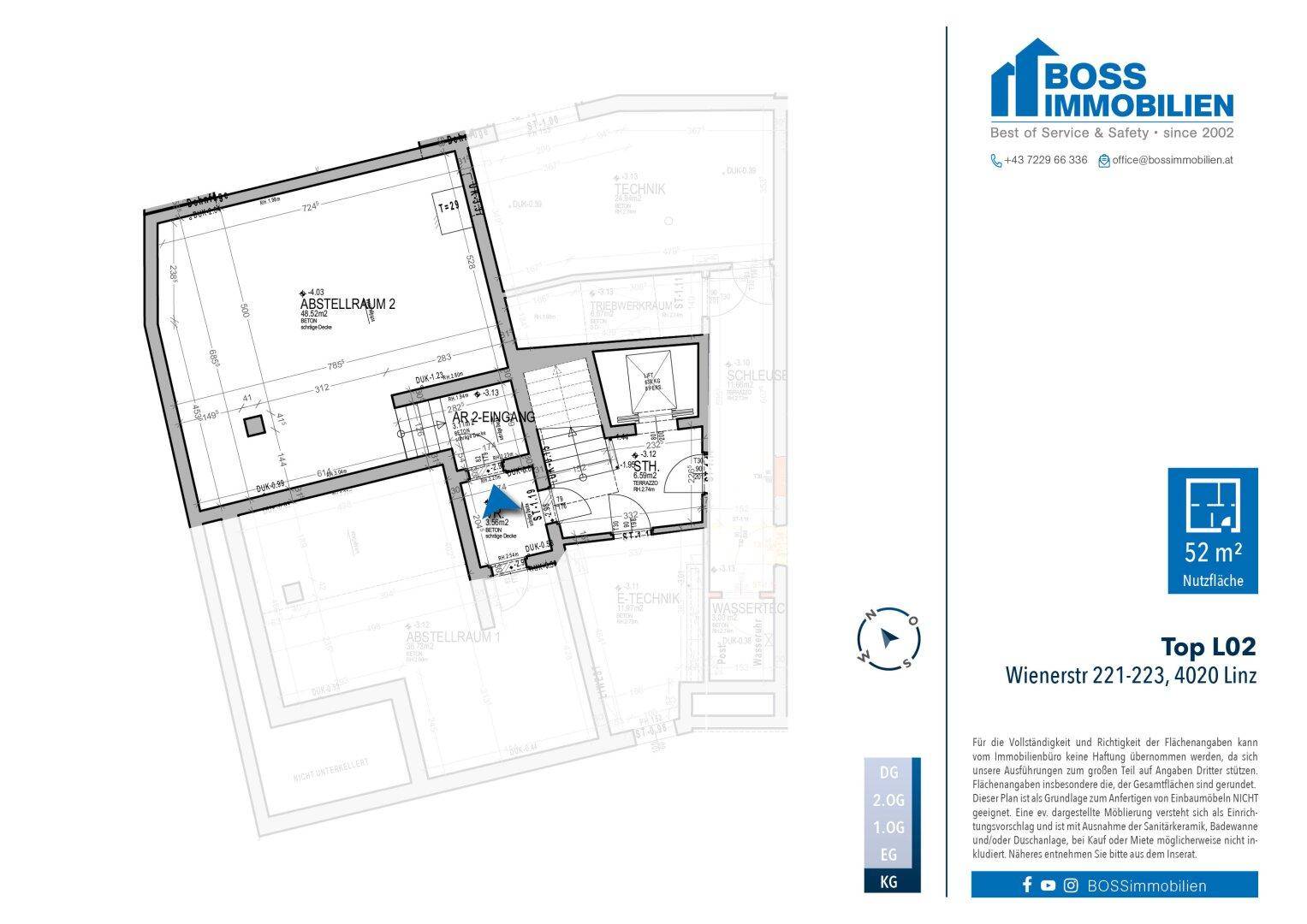 Grundrissplan eines Kellergeschosses mit Abstellraum und Eingangsbereich, der eine Nutzfläche von 52 m² aufweist.
