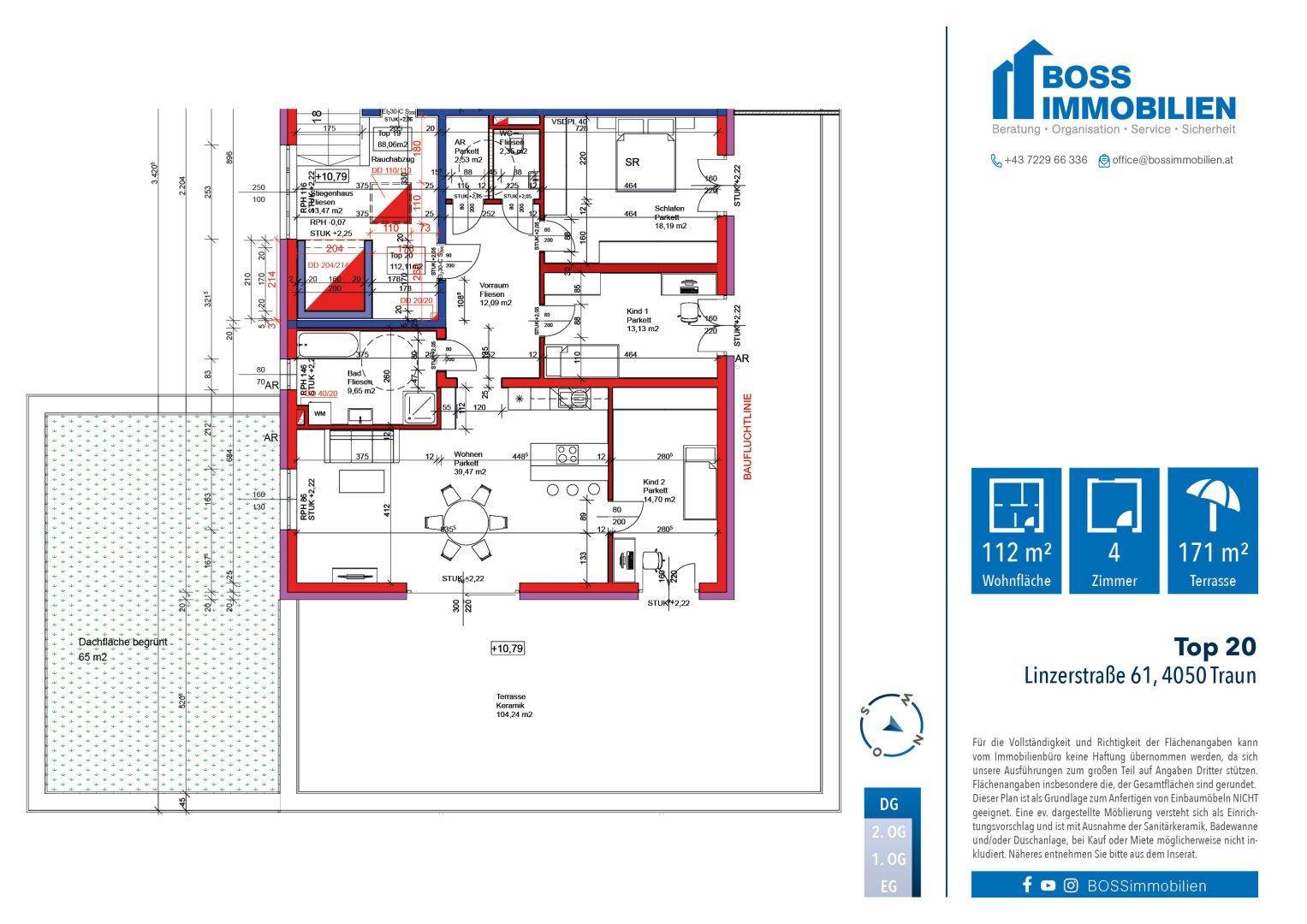 Grundriss einer Wohnung mit 112 m² Wohnfläche, vier Zimmern und einer großen Terrasse.