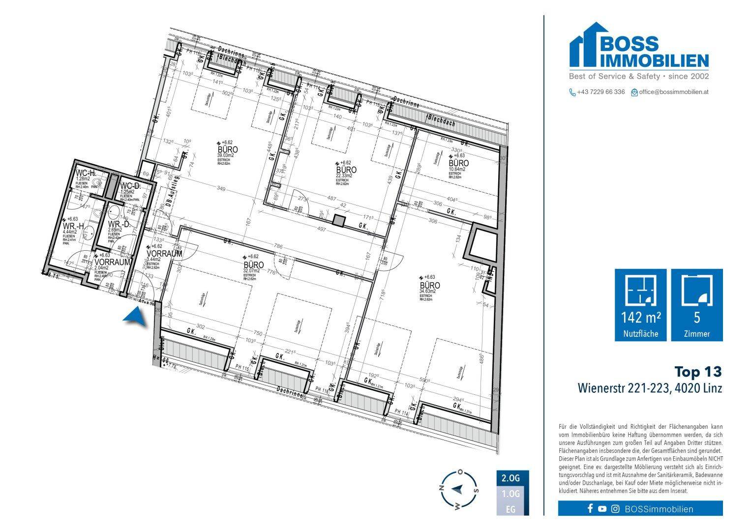 Grundrissplan einer Etage mit mehreren Büroräumen, Vorräumen und Sanitärbereichen.
