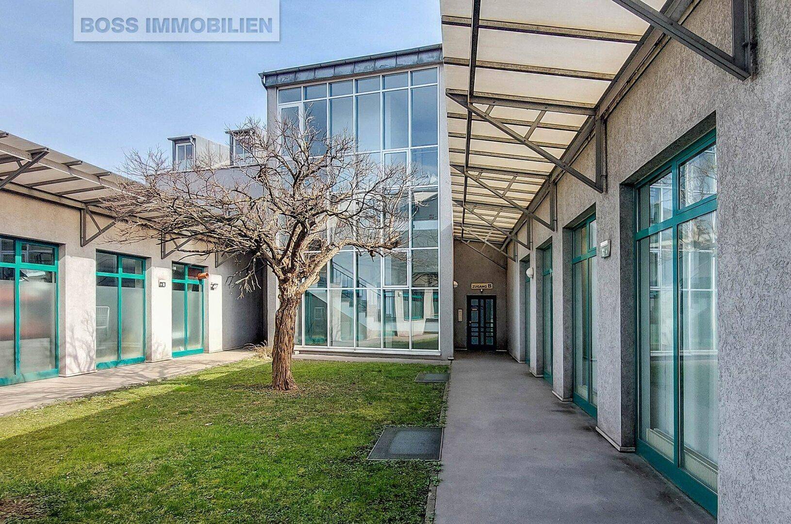 Innenhof mit Glasfassade, einem Baum und einem überdachten Gang, der zu den Eingängen führt.