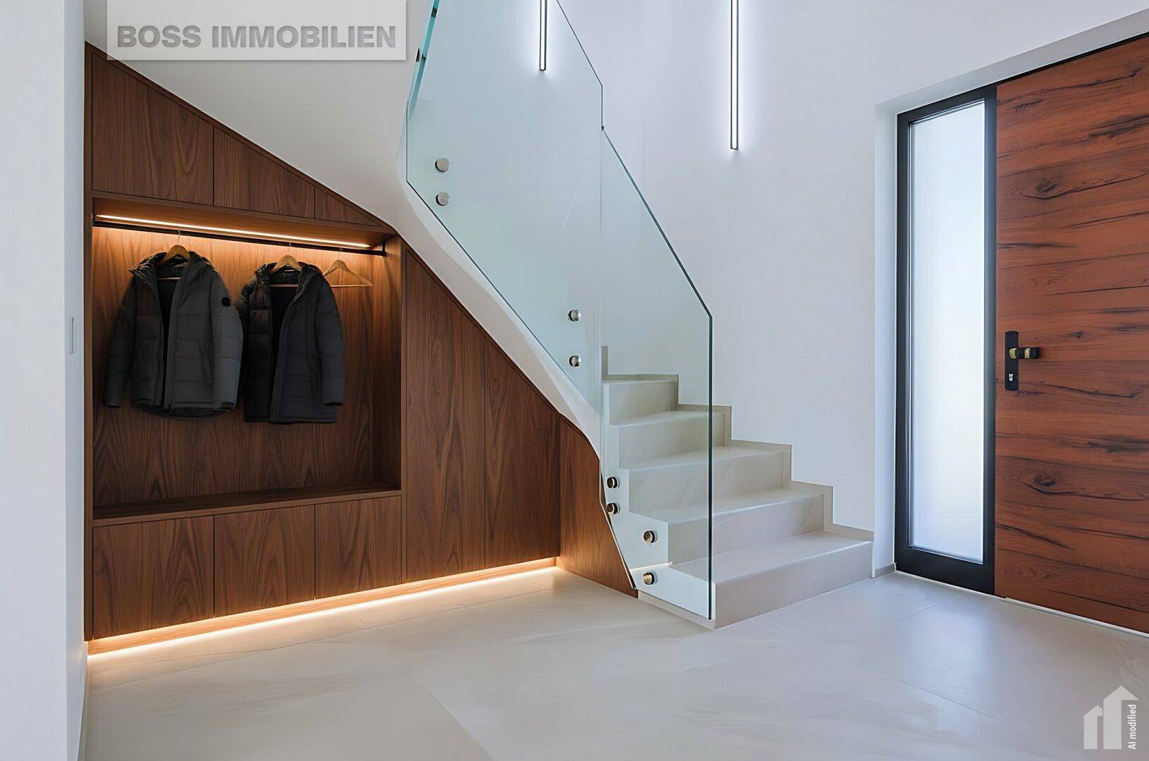 Moderner Eingangsbereich mit eleganter Treppe, Glasgeländer und integrierter Garderobe aus Holz.
