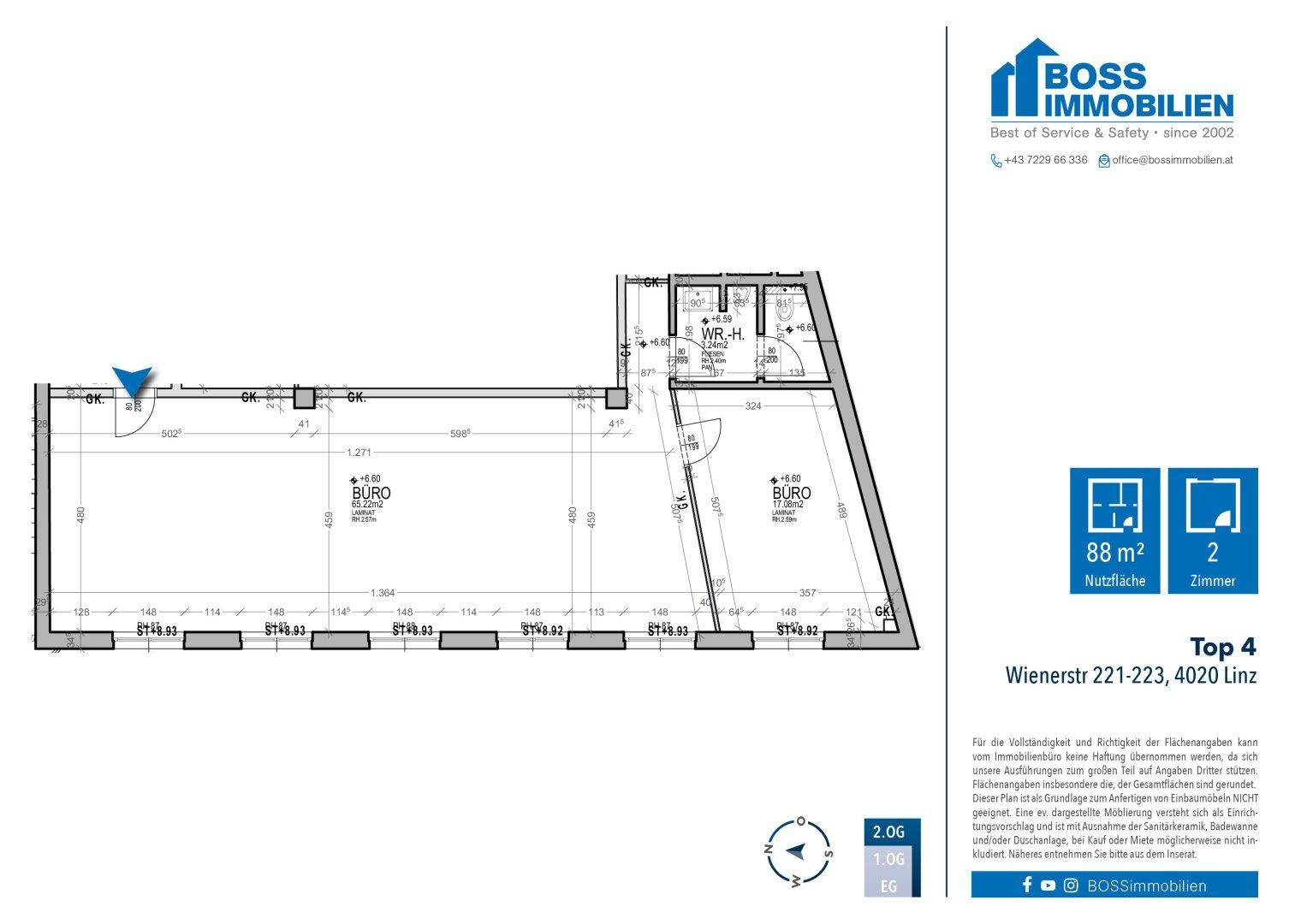 Grundrissplan zeigt zwei Büroeinheiten mit einer Gesamtfläche von 88 m² im 2. Obergeschoss.