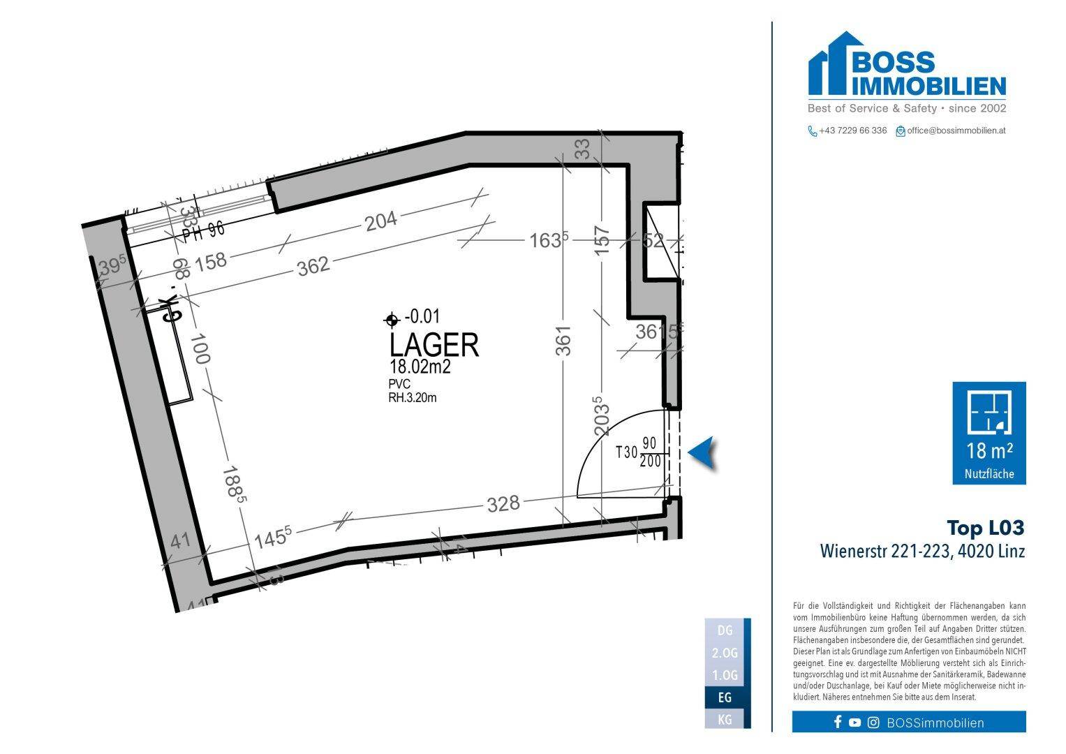 Grundriss eines Lagerraums mit einer Fläche von 18,02 m² und detaillierten Abmessungen.