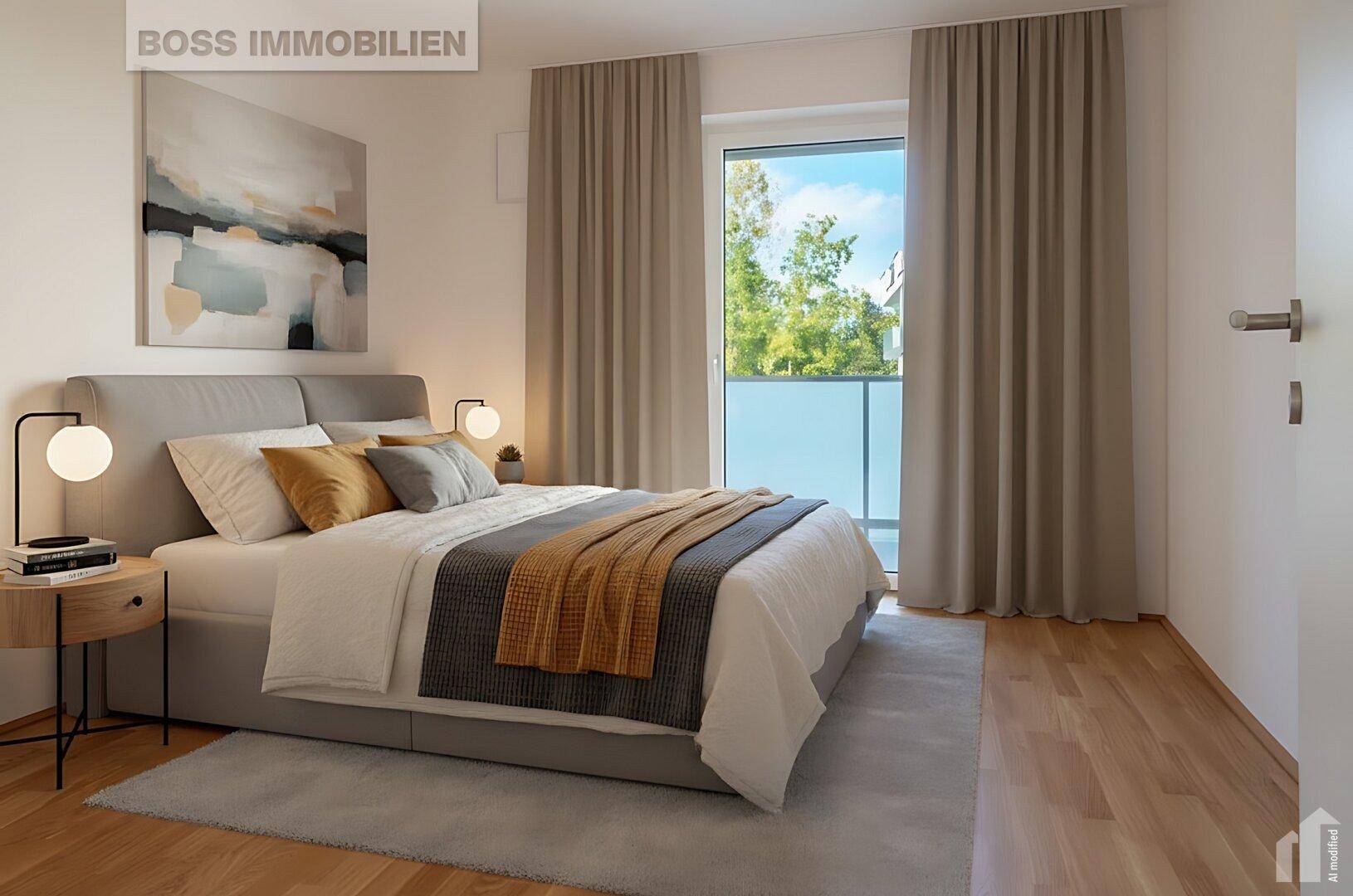 Gemütliches Schlafzimmer mit Doppelbett, Holzboden und direktem Zugang zum Balkon.