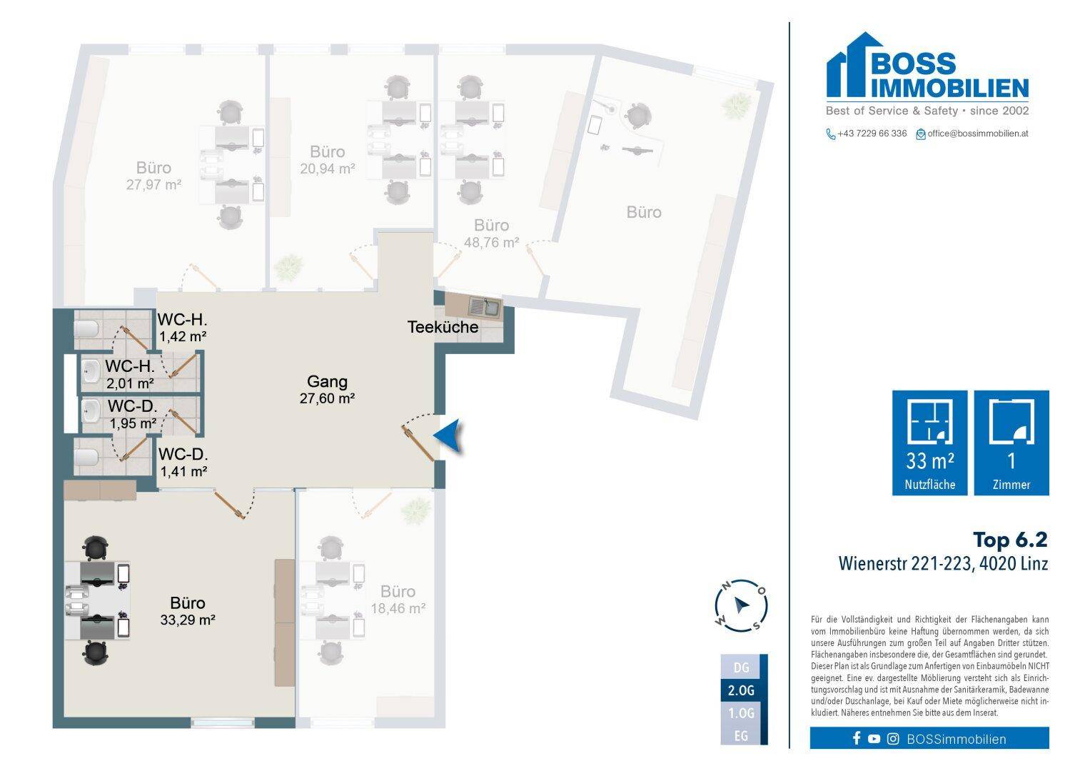 Grundrissplan mit mehreren Büroräumen, Teeküche und Sanitärbereichen auf einer Etage.