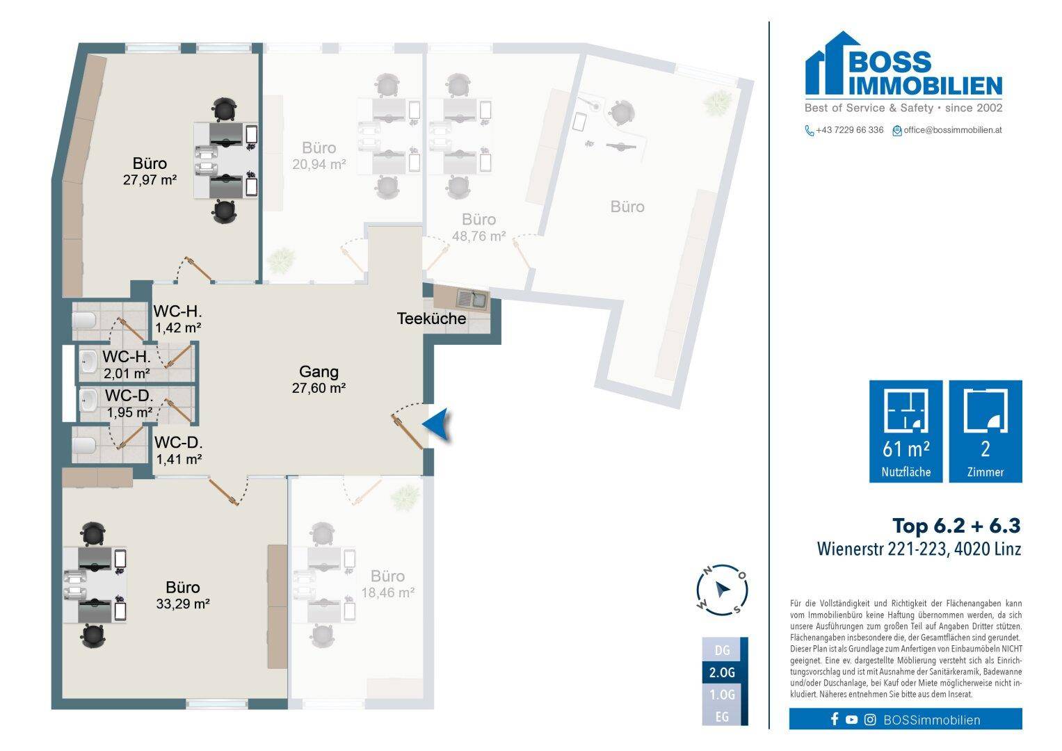 Grundrissplan mit mehreren Büroräumen, Teeküche und Sanitäranlagen auf einer Etage.