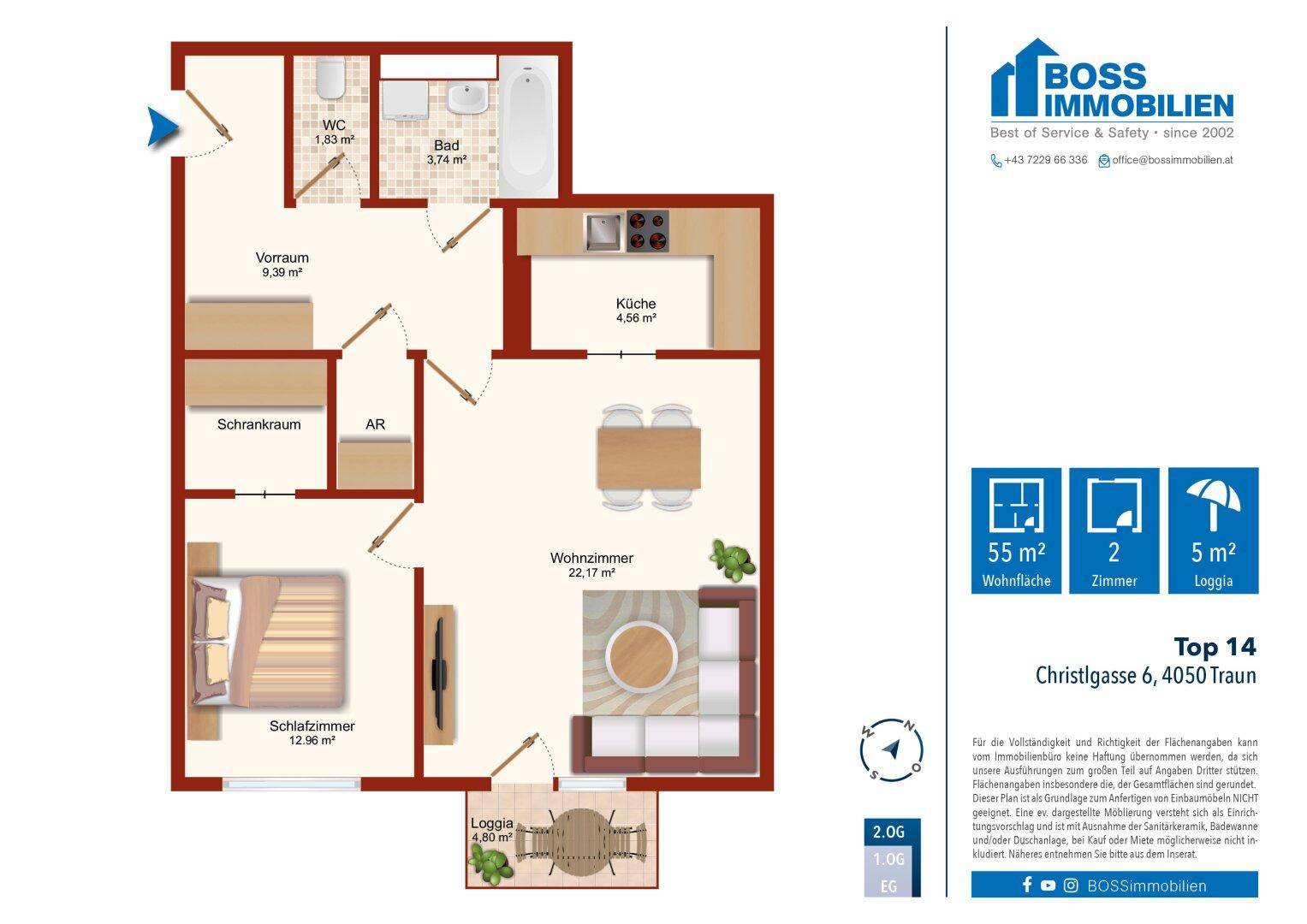 Grundriss der Wohnung mit 55 m² Wohnfläche, zwei Zimmern und Loggia.