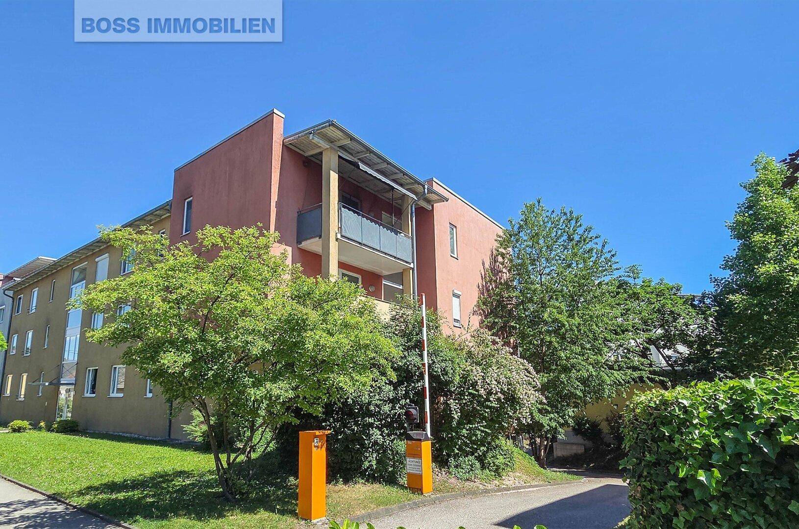 Außenansicht des Wohnhauses mit Zufahrt, Bäumen und Begrünung unter blauem Himmel.