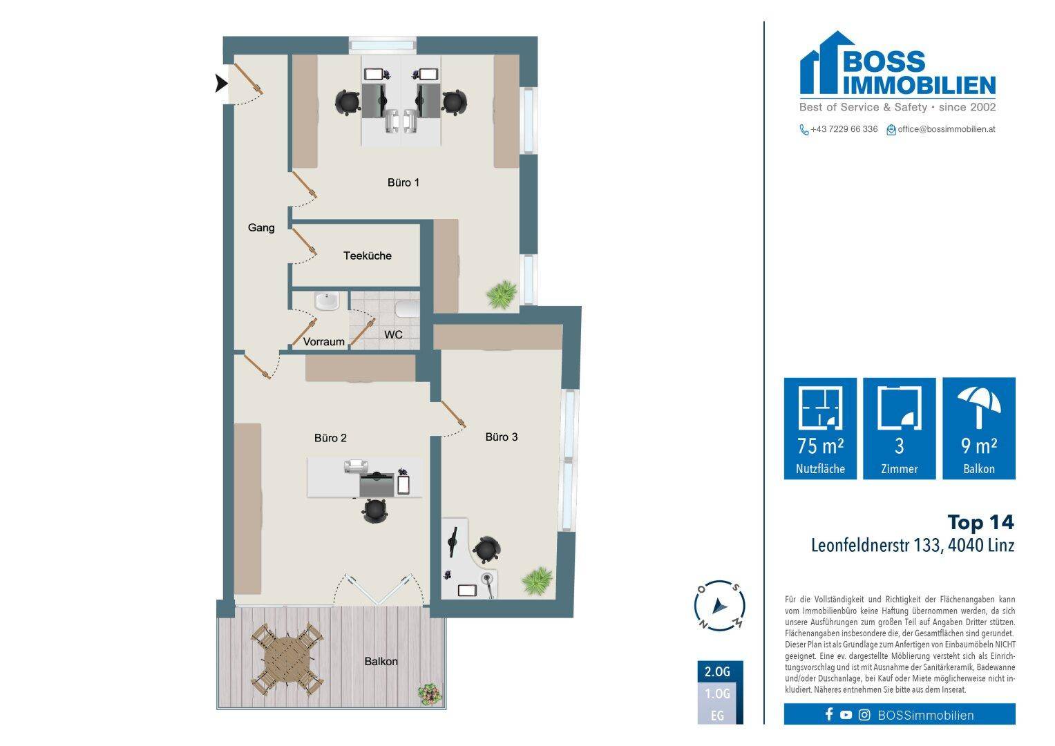 Grundrissplan einer Bürofläche mit drei Büros, Flur, WC und Balkon.