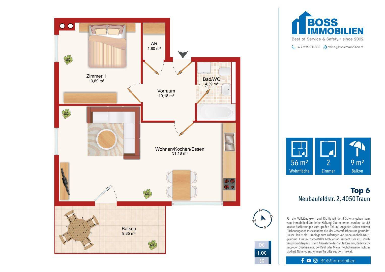 Grundriss der Wohnung mit offenem Wohn-/Koch-/Essbereich, Schlafzimmer und Balkon.