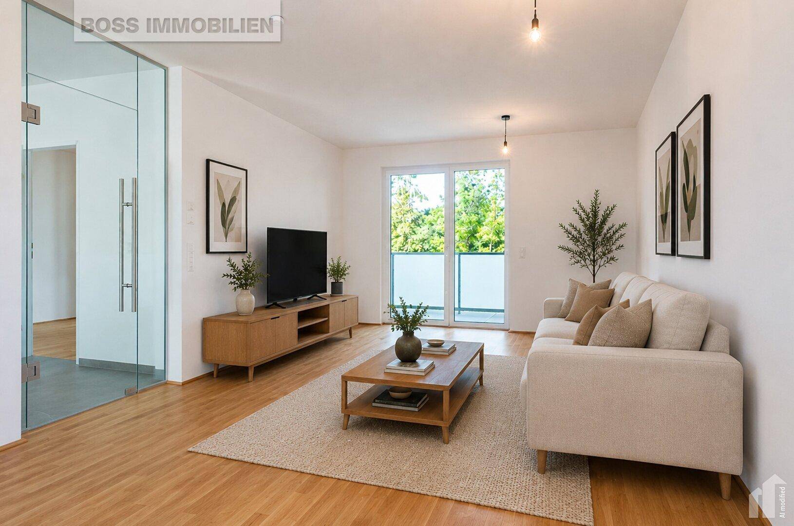 Helles Wohnzimmer mit Holzboden, moderner Einrichtung und Zugang zum Balkon.