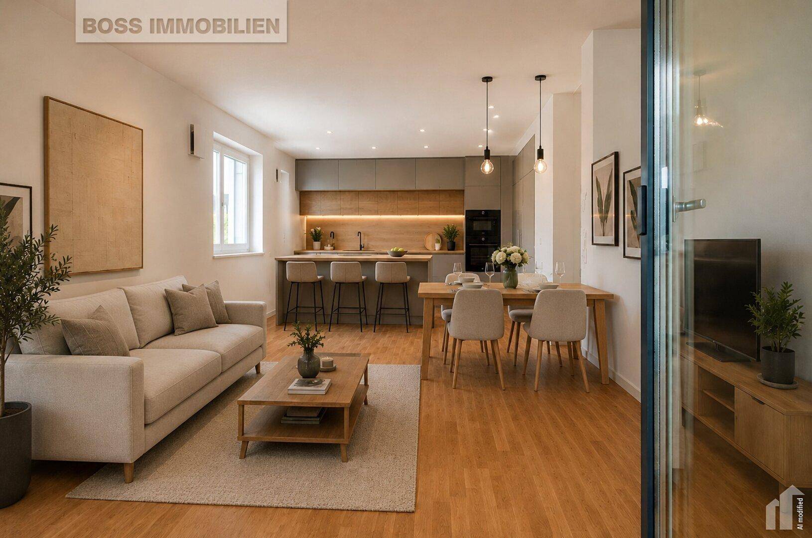 Offener Wohn-Essbereich mit integrierter Küche, Holzboden und moderner Einrichtung.