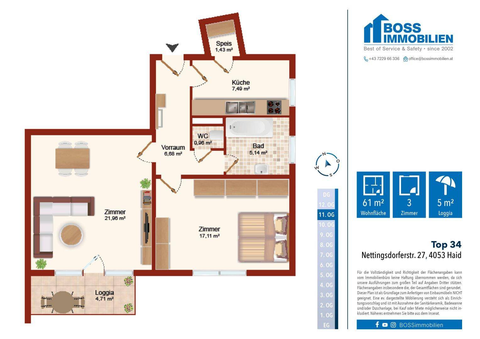 Detaillierter Grundriss der Wohnung mit Loggia, Küche, Bad und drei Zimmern.