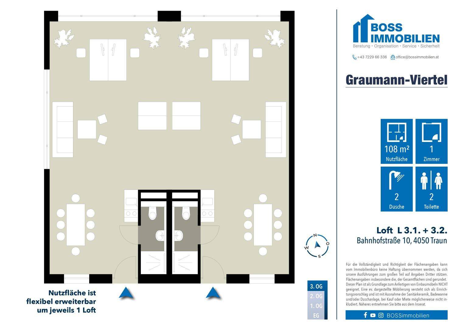 Dieser Grundriss zeigt ein offenes Loft mit flexibler Raumaufteilung, großen Fenstern und zwei Badezimmern.