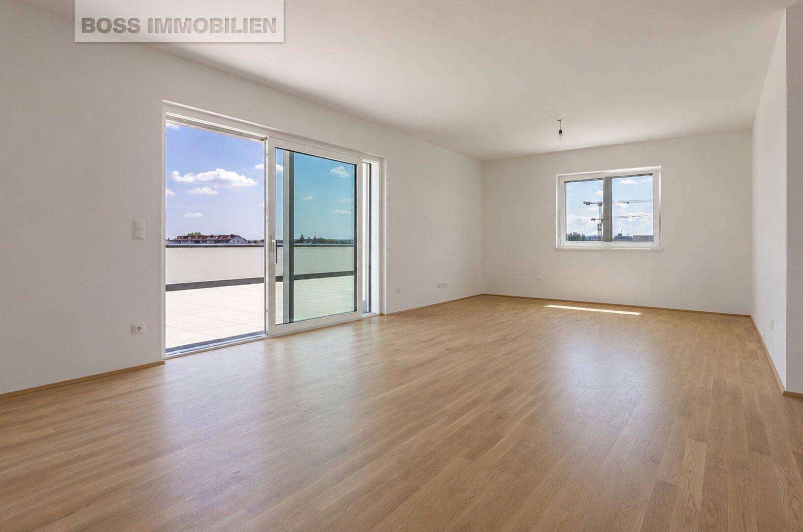 Heller, leerer Raum mit Holzboden und großen Schiebetüren zur Dachterrasse.