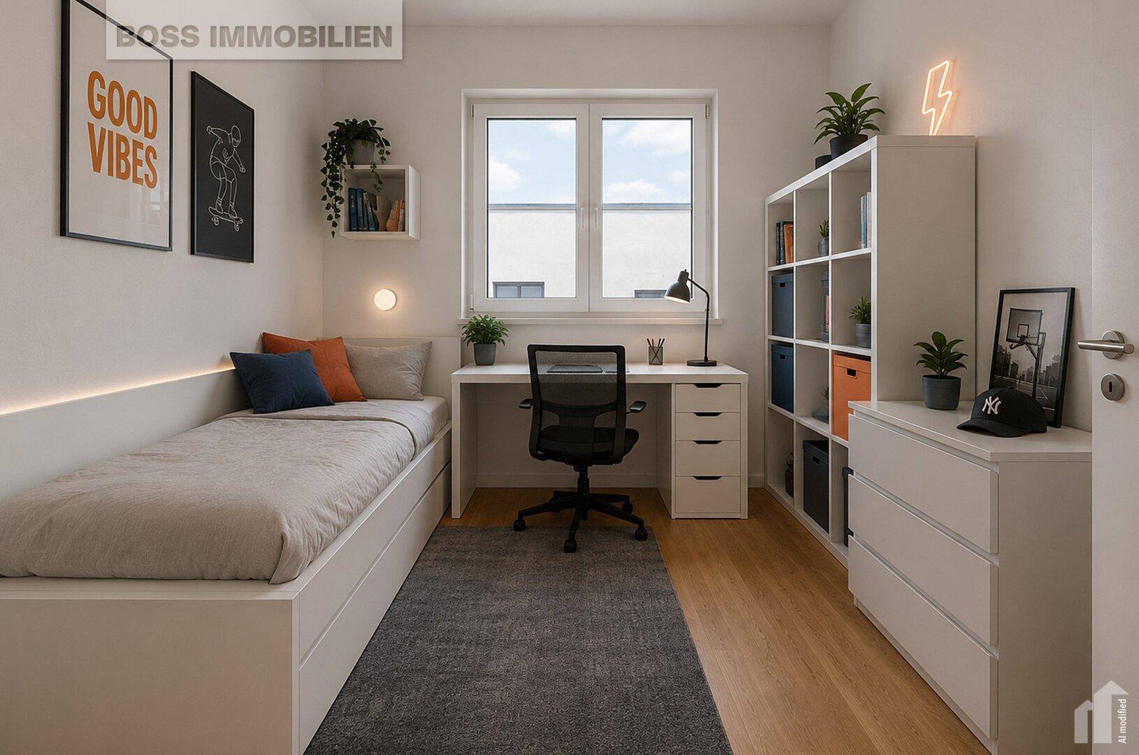 Modern eingerichtetes Schlafzimmer mit Einzelbett, Schreibtisch und Regal, hell und funktional.