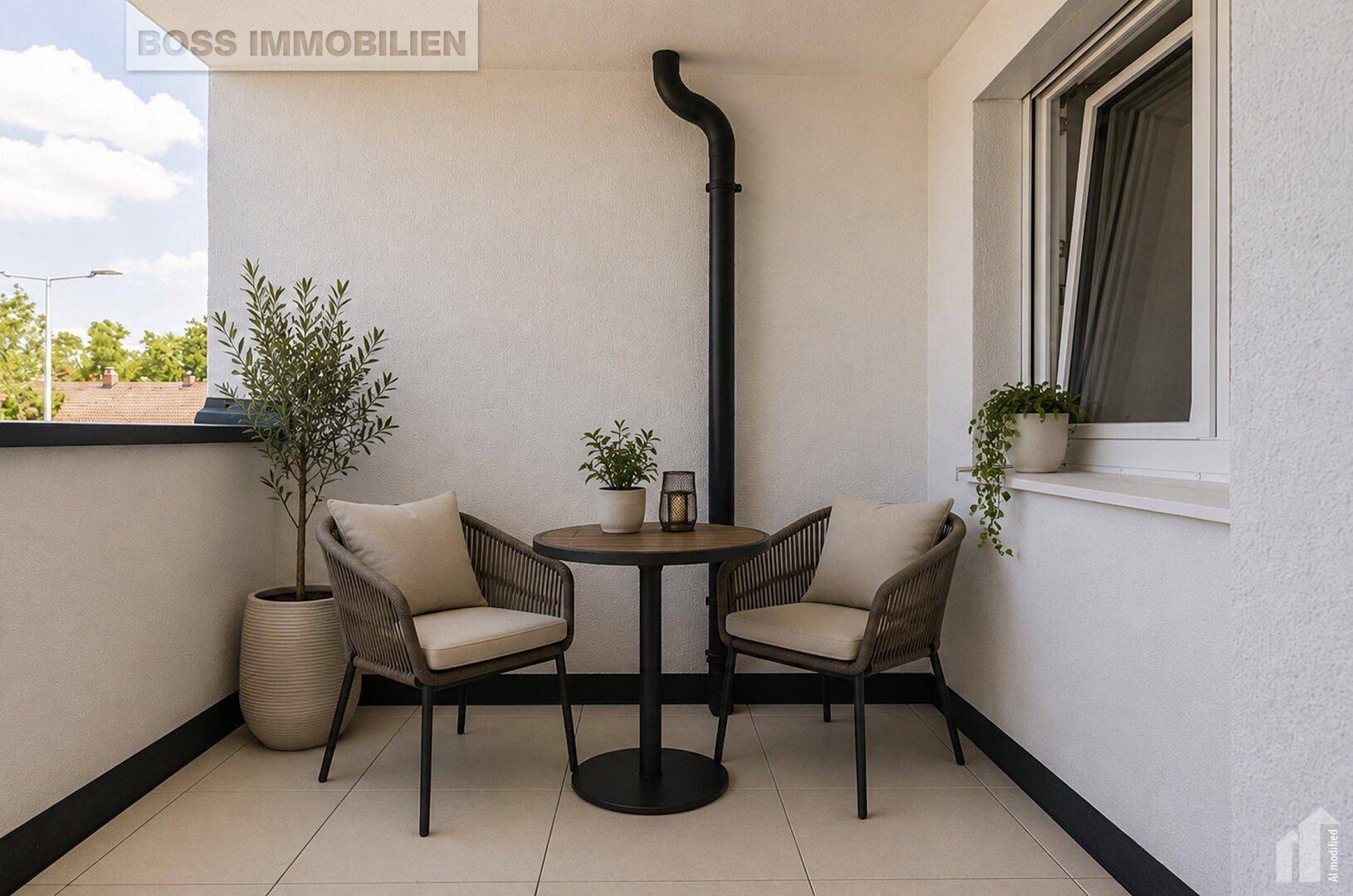 Gemütlicher Balkon mit Fliesenboden und modernen Outdoor-Möbeln, ideal zum Entspannen.
