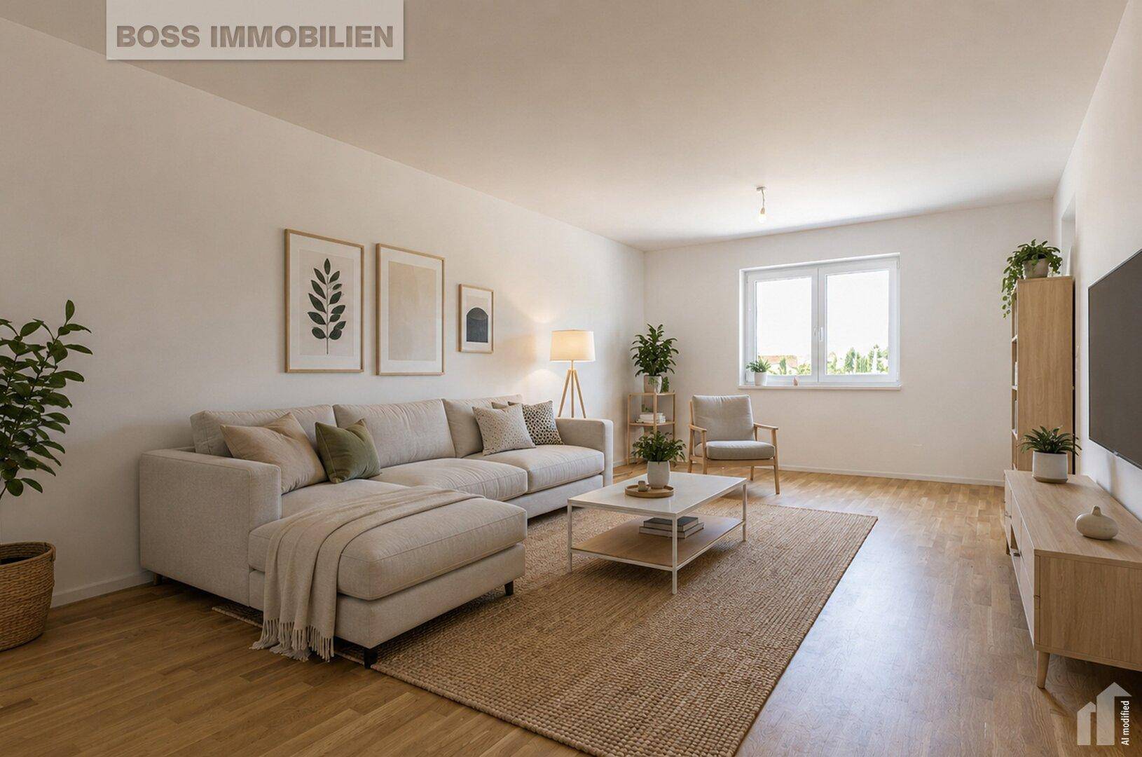 Helles, modern eingerichtetes Wohnzimmer mit beigem Ecksofa und Holzboden.
