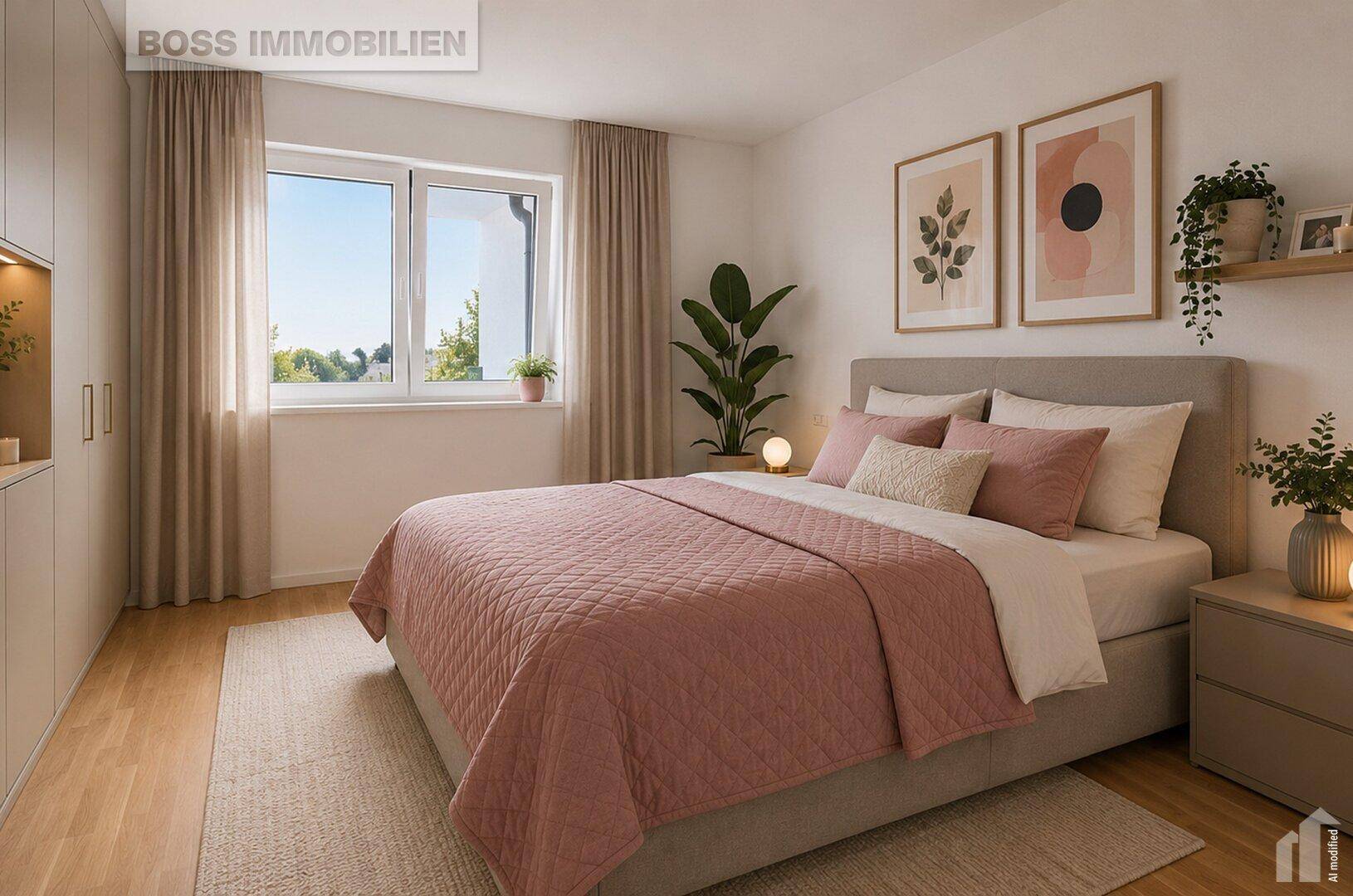 Modern eingerichtetes Schlafzimmer mit großem Bett, Holzboden und Blick ins Grüne.