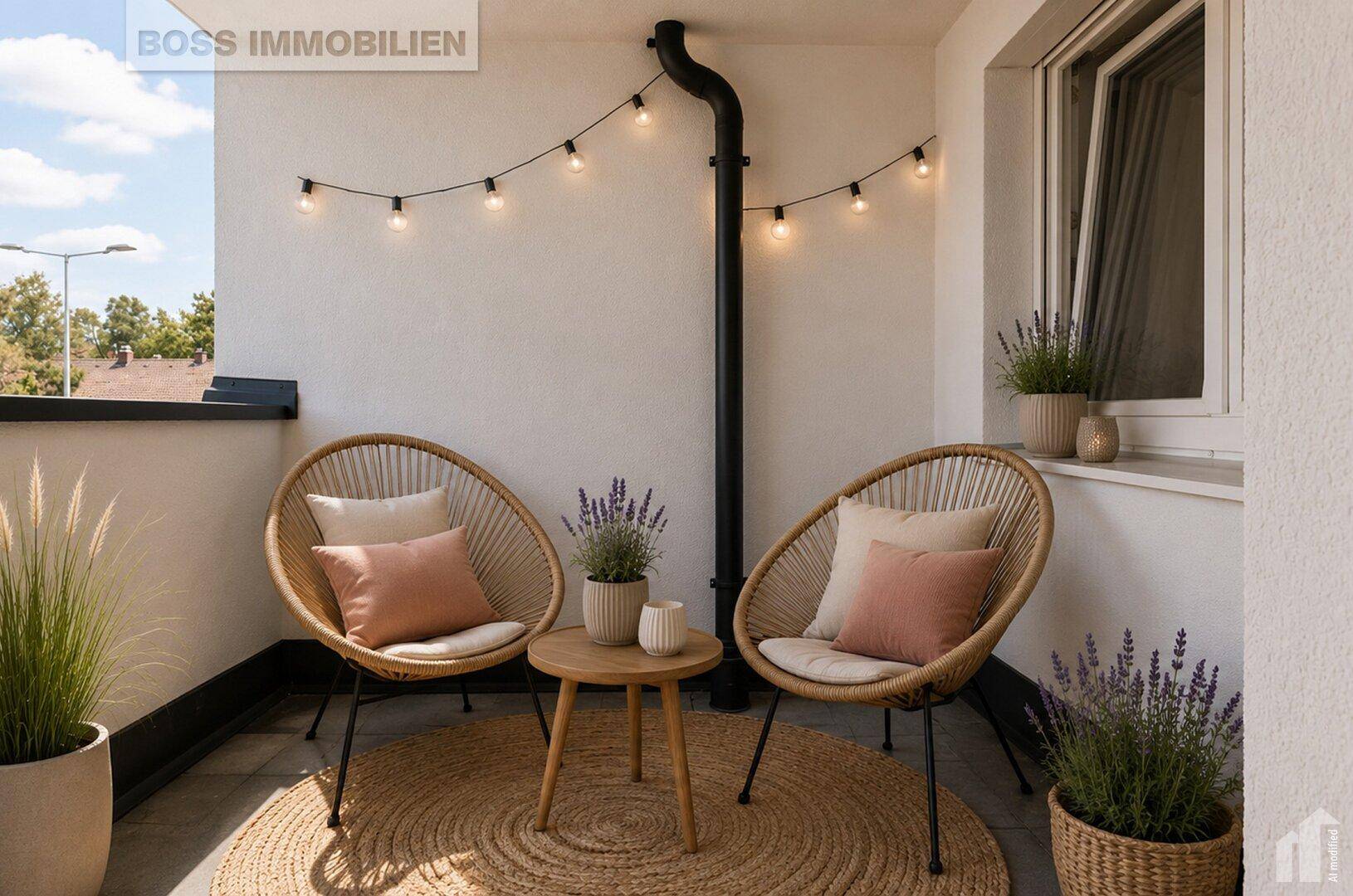 Gemütlicher Balkon mit Rattanmöbeln, Lichterkette und Pflanzen, ideal zum Entspannen.