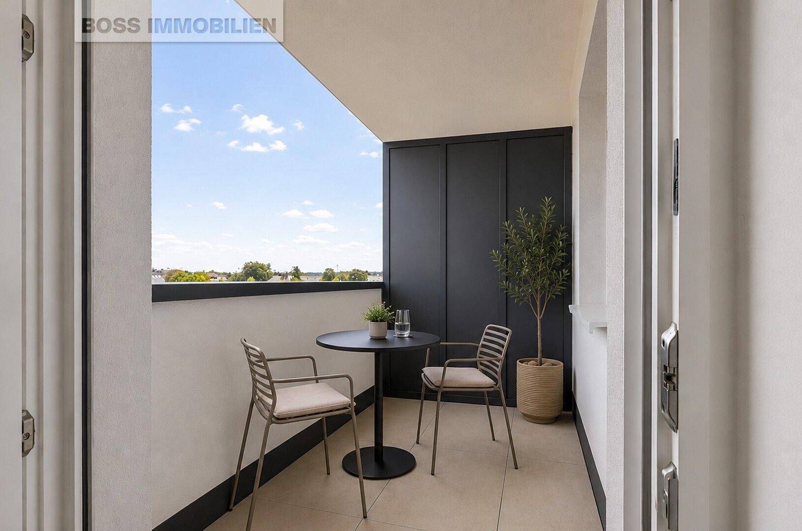 Moderner Balkon mit Sitzgelegenheiten und einer Pflanze, ideal zum Entspannen im Freien.