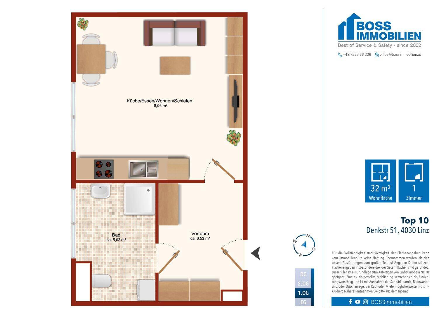 Grundriss einer Garconniere mit offenem Wohnbereich, integrierter Küche und separatem Badezimmer.