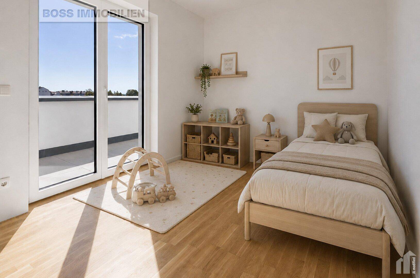 Freundliches Kinderzimmer mit Holzboden, viel Tageslicht und Zugang zum Balkon.