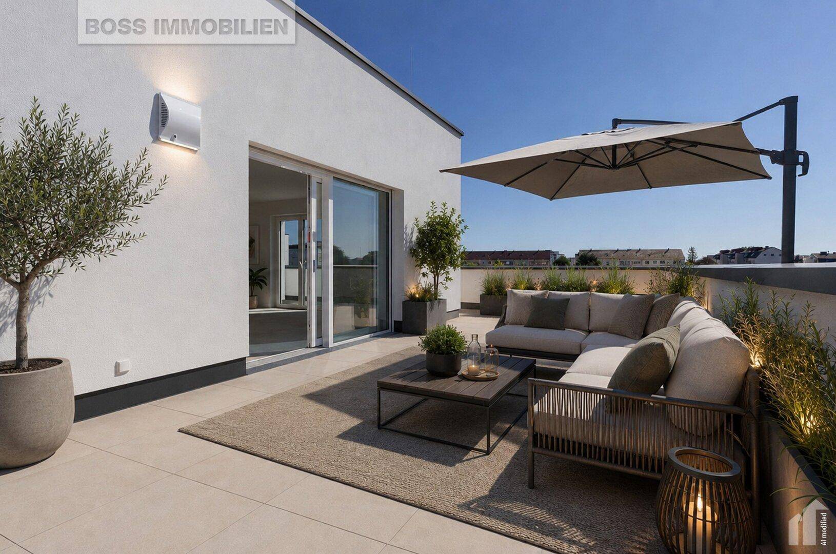 Große, möblierte Dachterrasse mit Lounge-Bereich und Sonnenschirm.