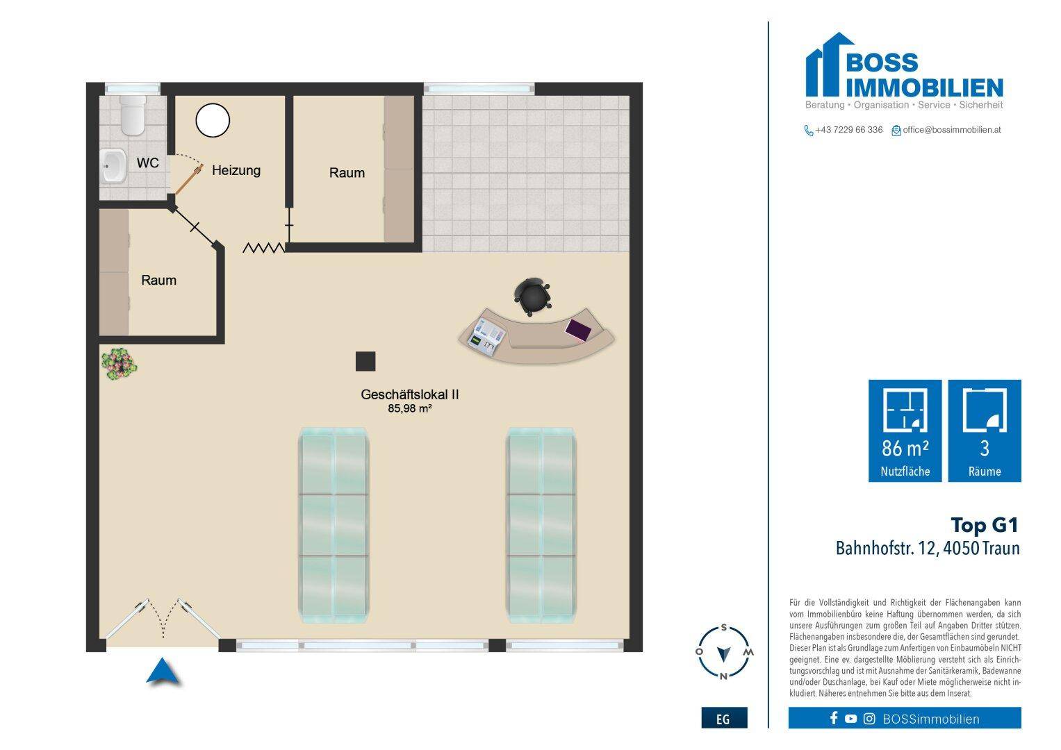 Grundriss eines Geschäftslokals mit 86 m² Nutzfläche, inklusive WC, Heizungsraum und weiteren Räumen.