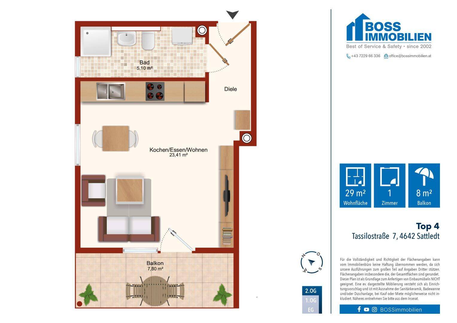 Detaillierter Grundriss einer Wohnung mit offenem Wohnbereich, Bad, Diele und Balkon.