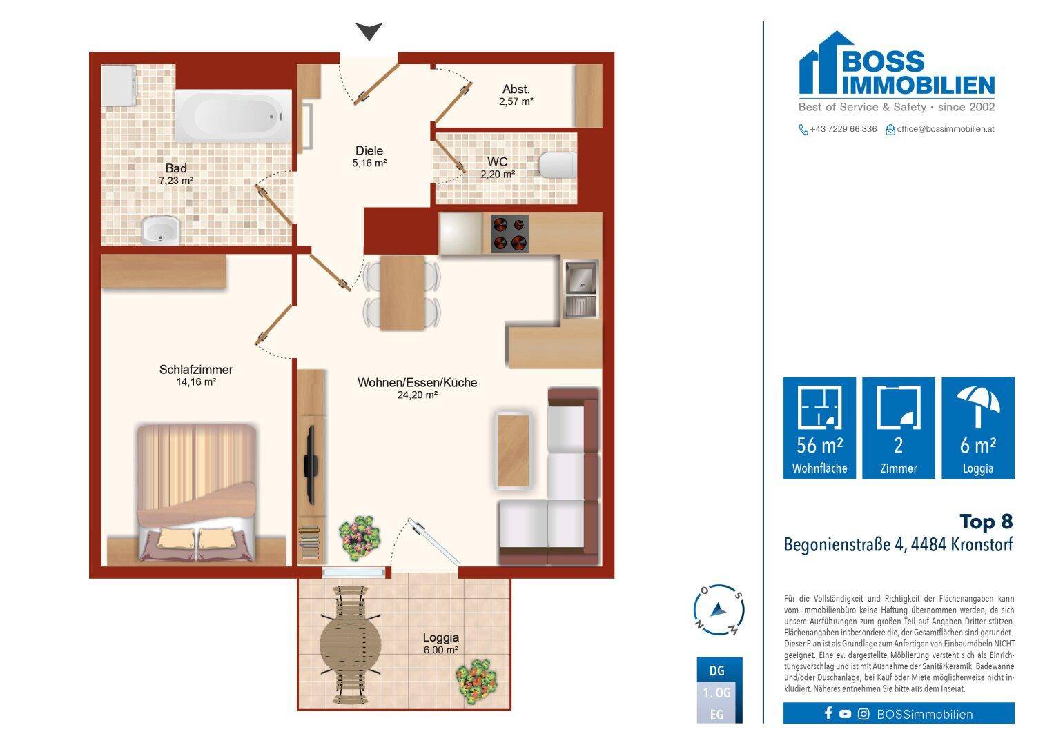 Detaillierter Grundriss einer 2-Zimmer-Wohnung mit Loggia, Bad und separatem WC.