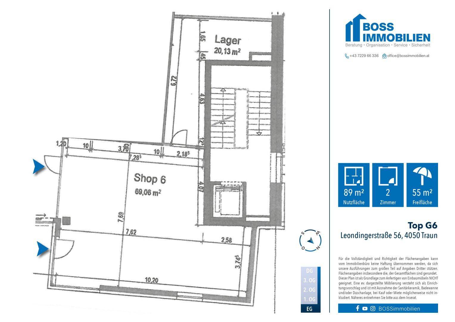 Grundrissplan zeigt eine Gewerbefläche von 69,08 m² und einen Lagerbereich von 20,13 m².