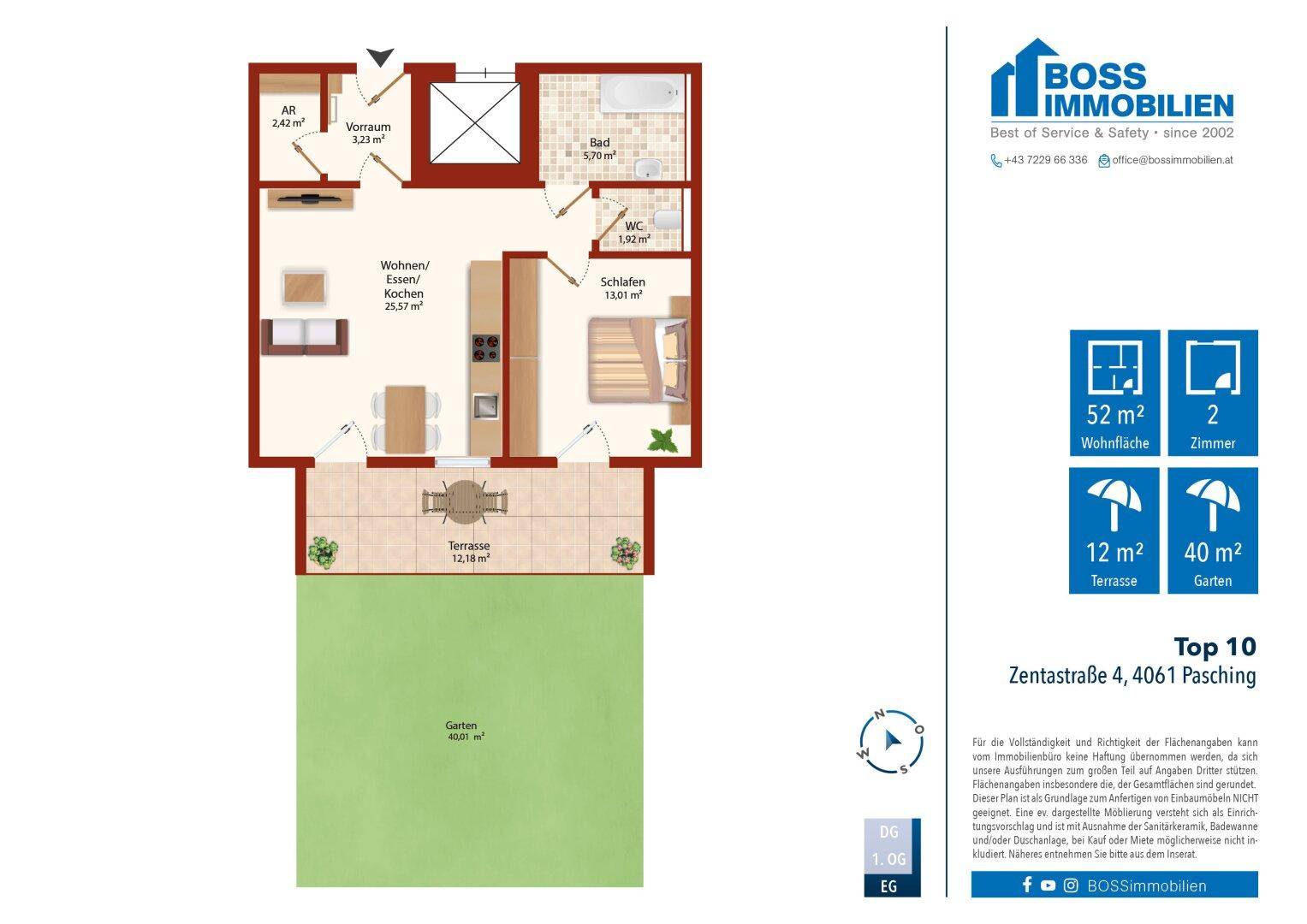 Detaillierter Grundriss einer Wohnung mit Terrasse und privatem Gartenbereich.