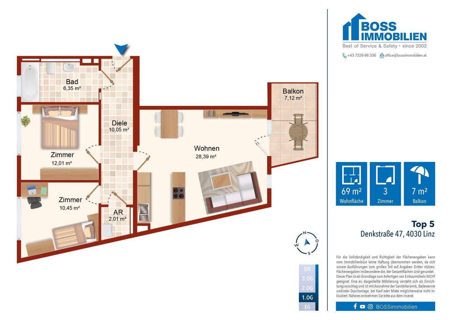 Detaillierter Grundriss einer 3-Zimmer-Wohnung mit Balkon und 69 m² Wohnfläche.