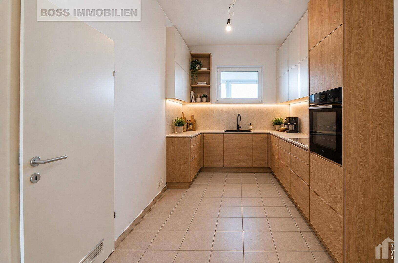 Moderne Küche mit hellen Holzfronten, integriertem Backofen, Unterbauleuchten und Fenster.