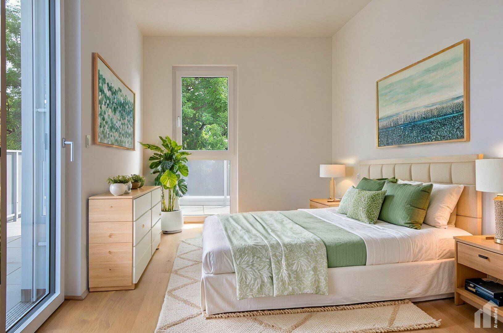 Modernes Schlafzimmer mit Holzboden, großen Fenstern und grünen Akzenten sowie Balkonzugang.