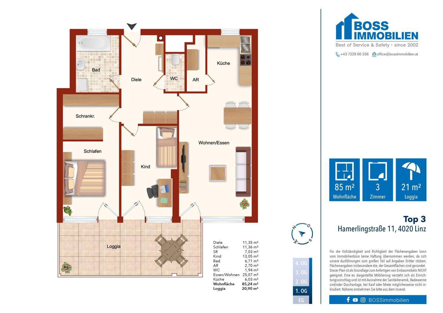 Grundriss einer modernen Wohnung mit drei Zimmern, offenem Wohn-Essbereich, separater Küche und einer geräumigen Loggia.