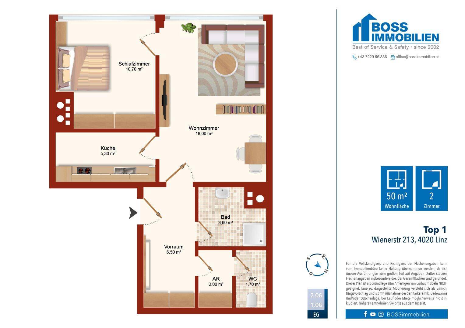 Grundriss einer Wohnung mit Wohnzimmer, Schlafzimmer, Küche und Bad auf 50 m².