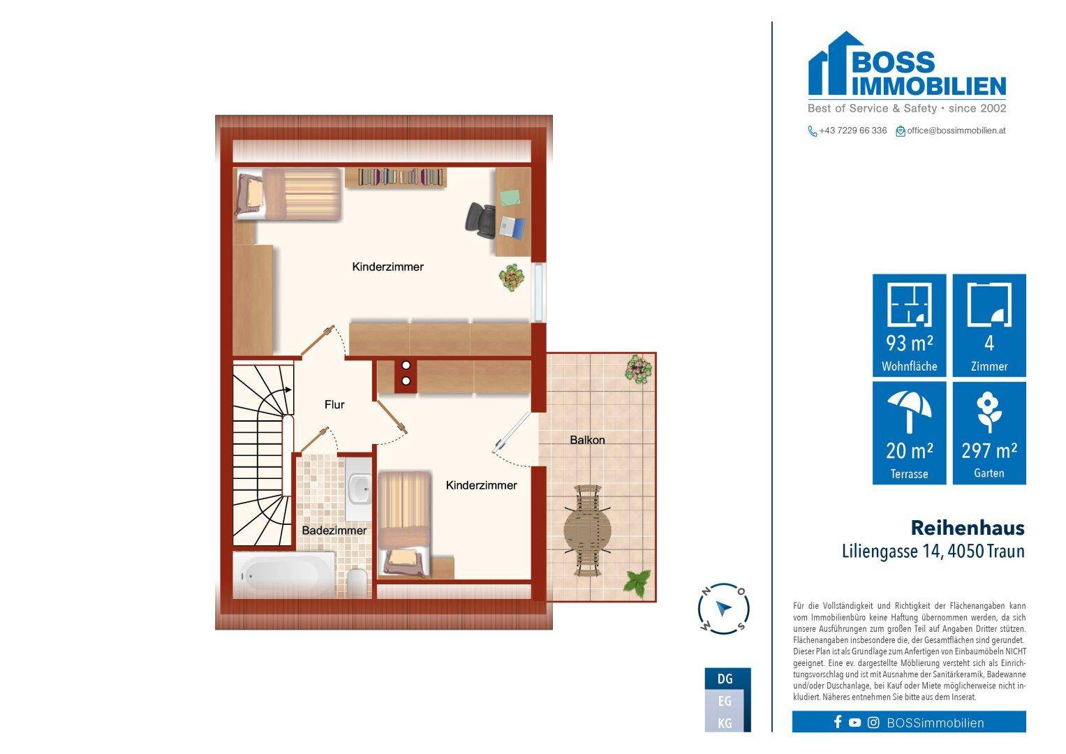 Grundriss des Dachgeschosses mit zwei Kinderzimmern, Badezimmer und Balkon.