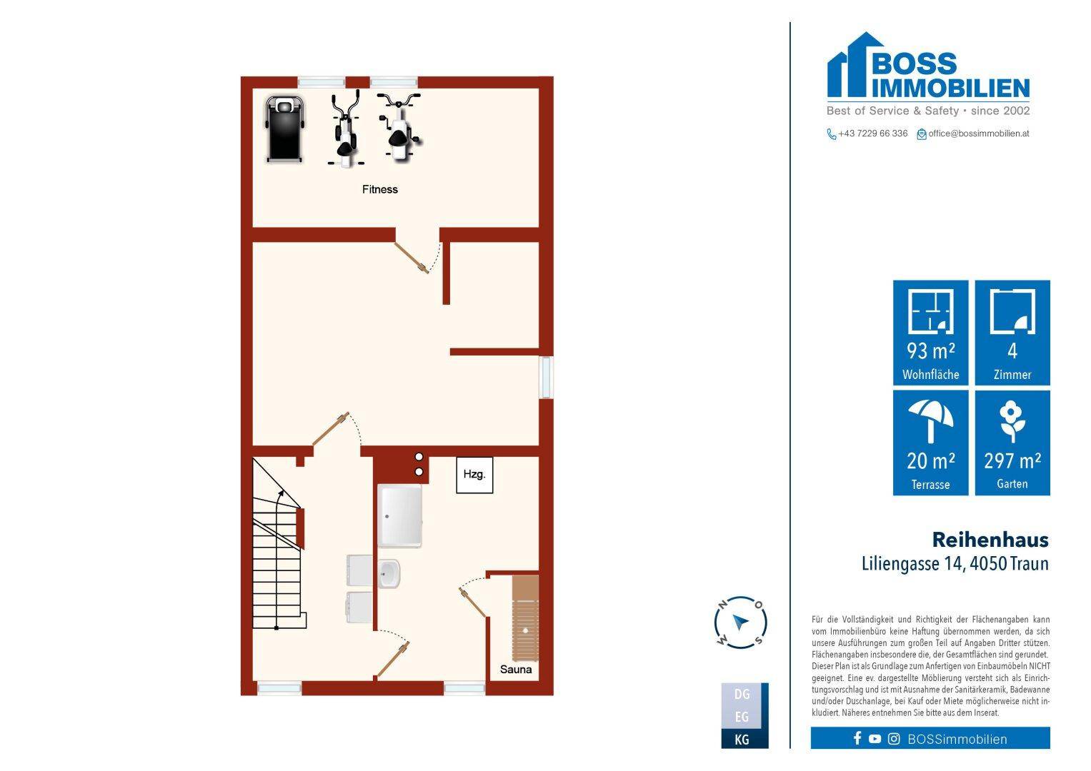 Grundriss des Kellergeschosses mit Fitnessraum, Heizungsraum und Sauna.