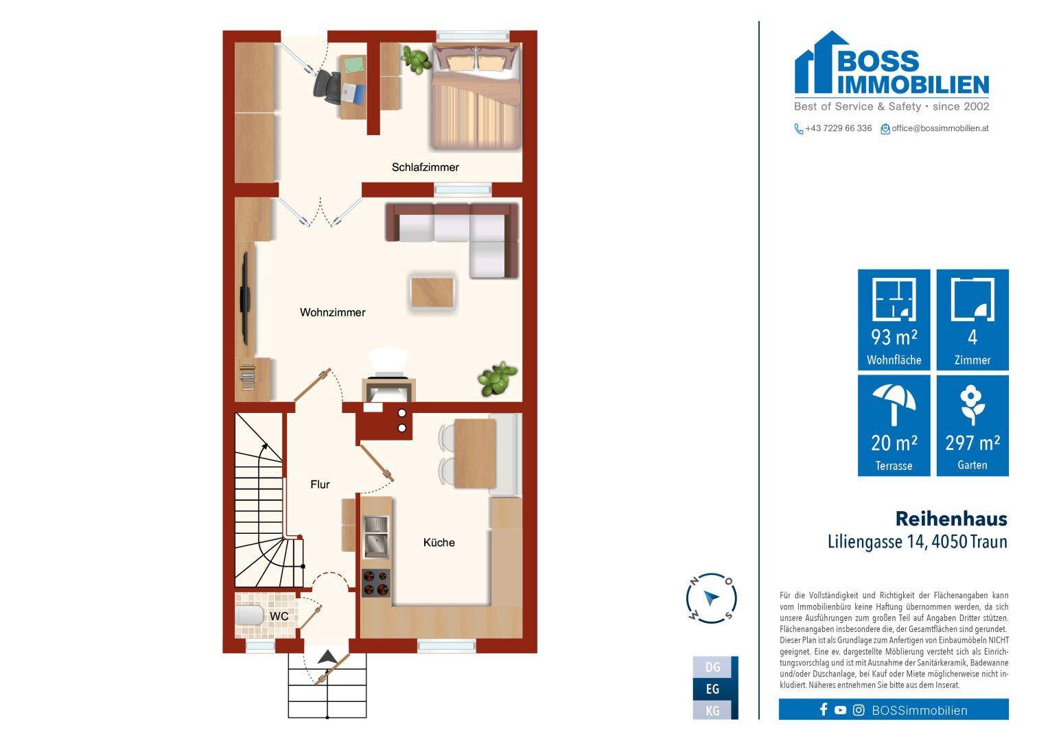 Grundriss des Erdgeschosses mit Wohnzimmer, Küche, WC und Zugang zur Terrasse und Garten.