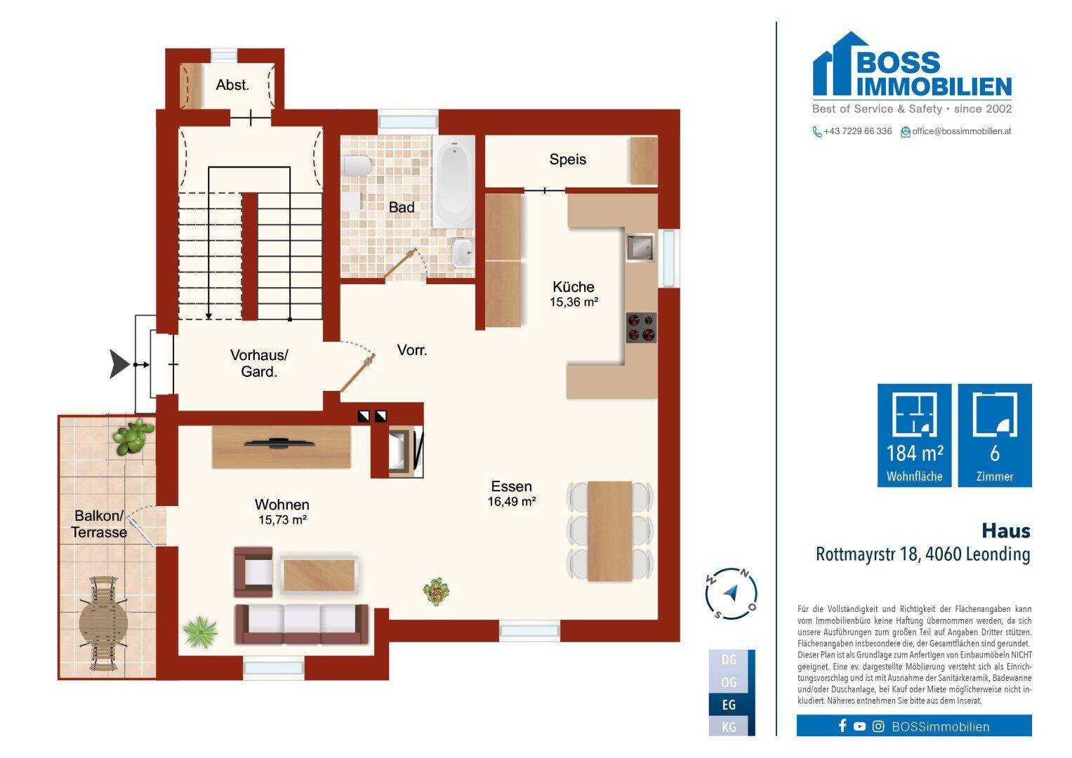 Grundriss des Erdgeschosses mit Wohnzimmer, Küche, Essbereich und Balkon/Terrasse.