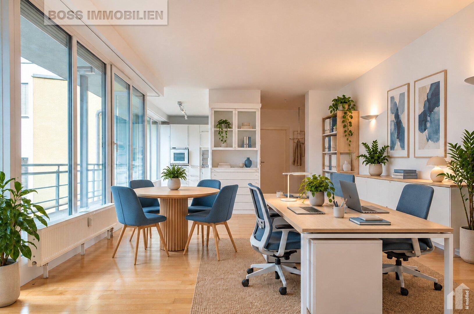 Geräumiger, offener Wohnbereich mit Essbereich, Arbeitsplätzen und integrierter Küche, hell und modern eingerichtet.