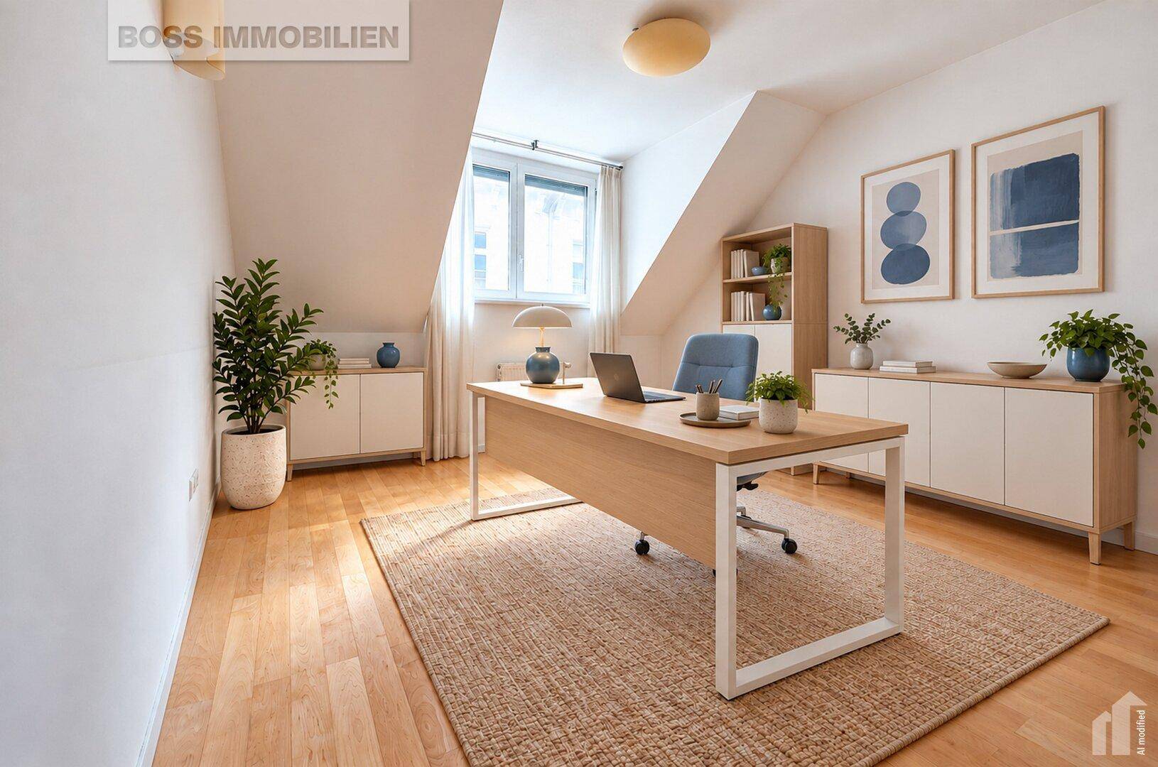 Helles Büro im Dachgeschoss mit Schreibtisch, Stauraum und einem Fenster, unter einer Dachschräge gelegen.
