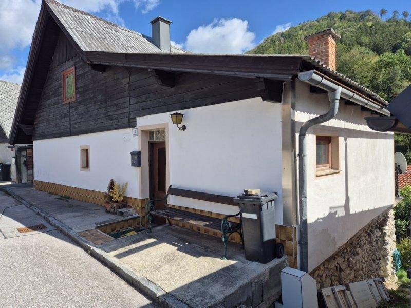 Seitenansicht des Hauses mit Eingangsbereich und kleiner Sitzbank an der Straße.
