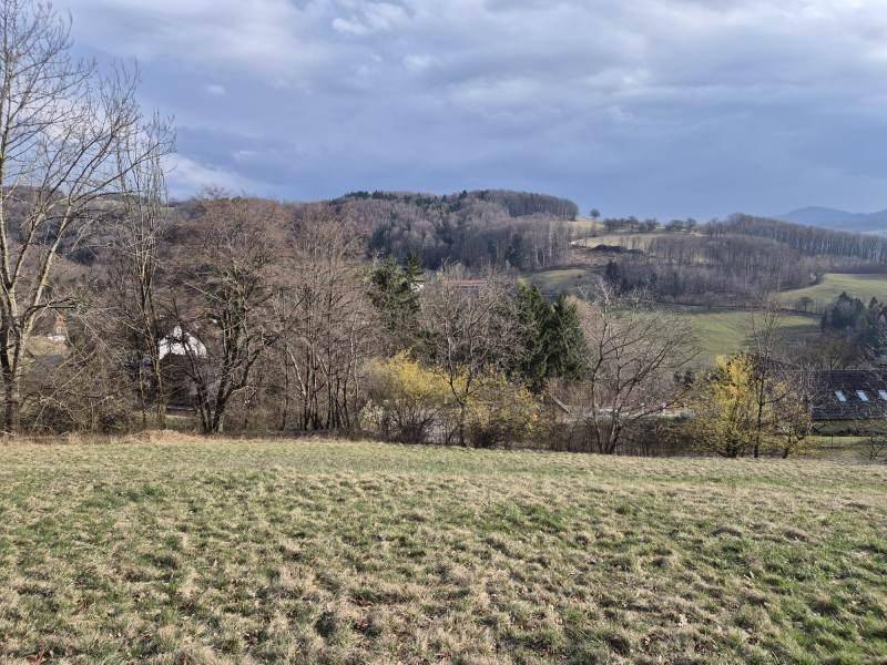 Panoramablick über ein weitläufiges Wiesengrundstück mit bewaldeten Hügeln und ländlicher Umgebung.