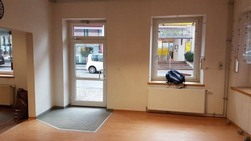 Eingangsbereich mit Glastür, Fenster zur Straße, hellem Laminatboden und Fliesen im Eingangsbereich.