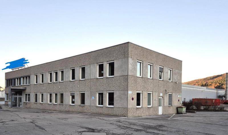 Funktionales Geschäftsgebäude mit Betonfassade und zahlreichen Fenstern, umgeben von einer Parkfläche.